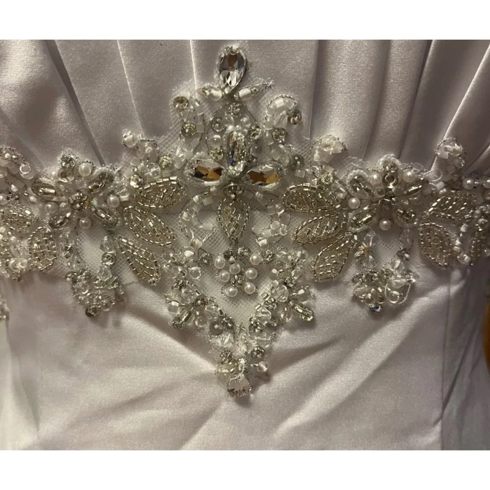 Satin Empire Waist A-Line Wedding Gown with Beaded Crystal Detail - Picture 3 of 11